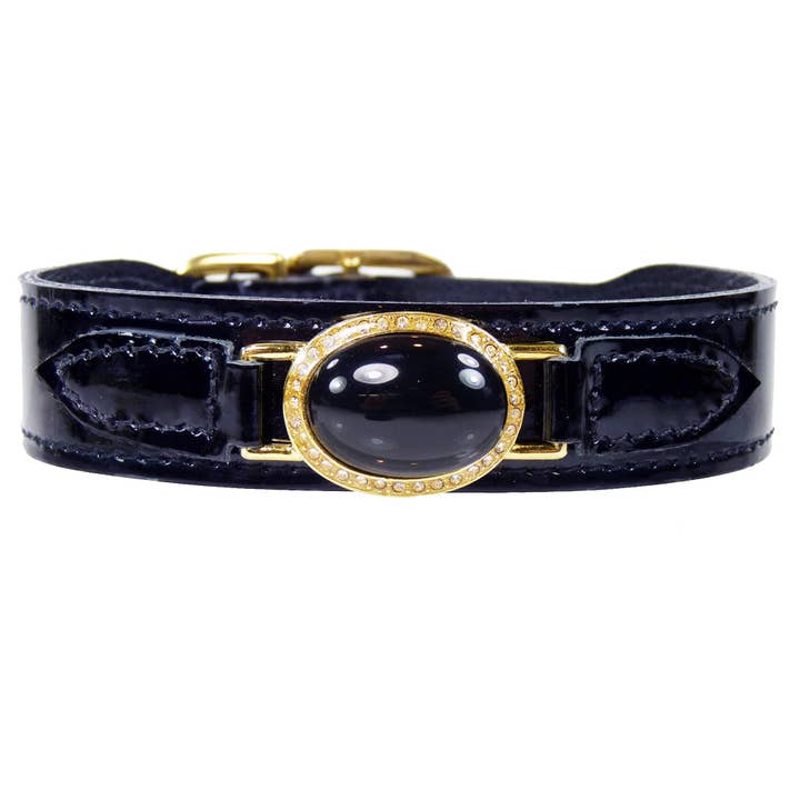 Estate Dog Collar in Black Patent & Gold for wholesale by Hartman & Rose