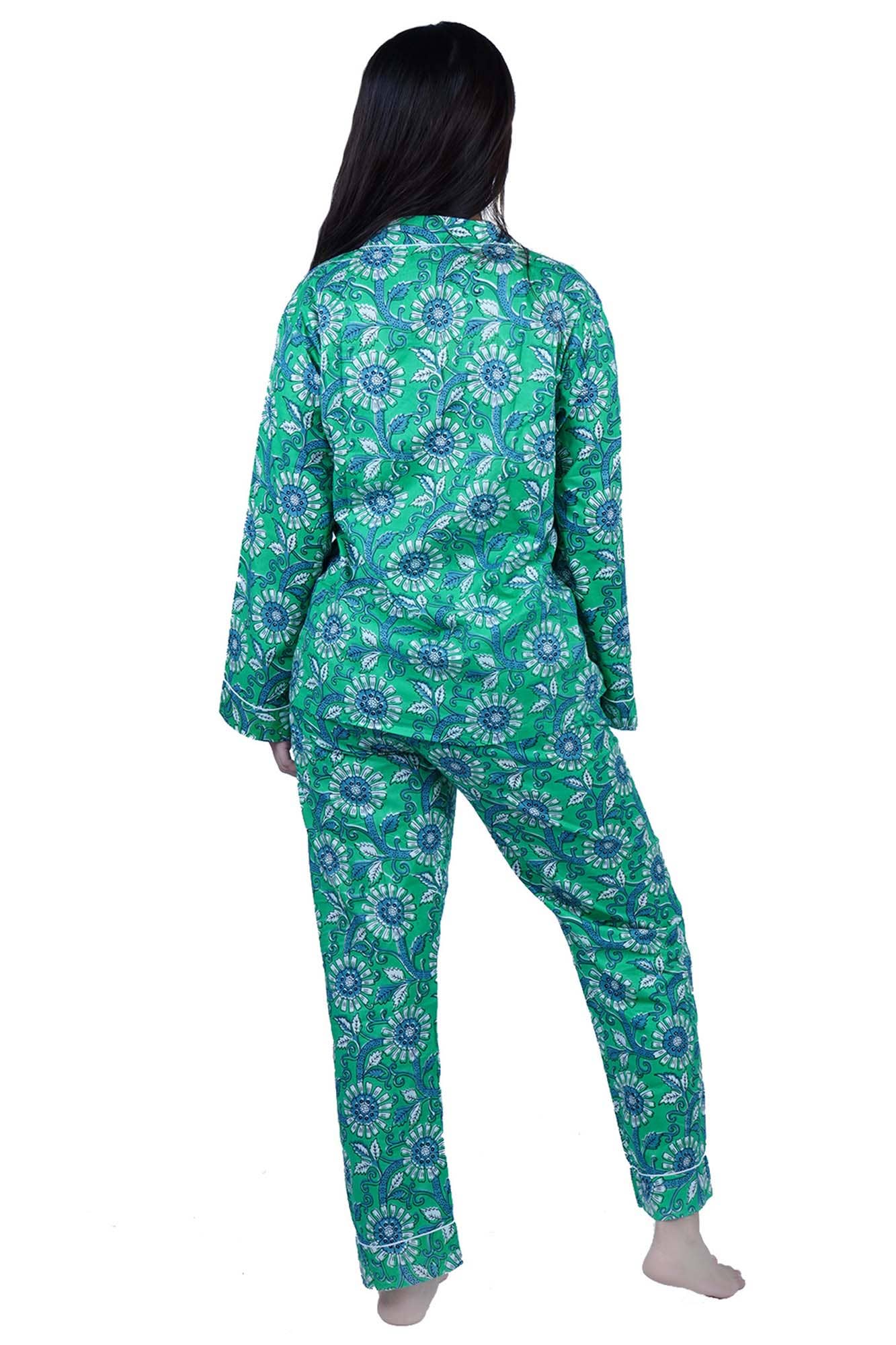 Kantha Decor – wholesale Sleepwear set – Women's – Long Cotton PJ Set With Pouch - Green Floral1