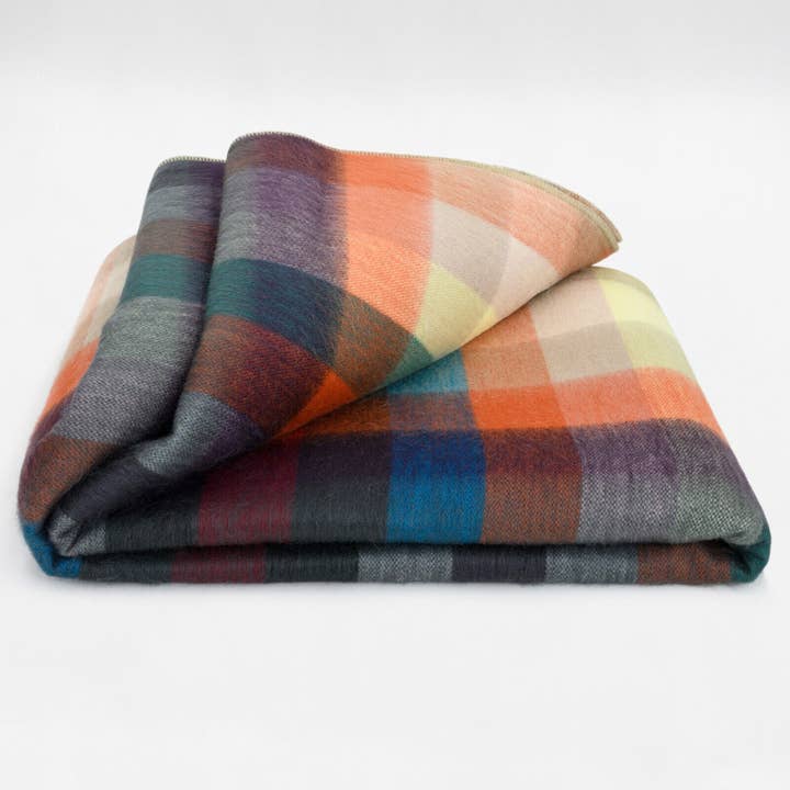 ECUALAMA - Wholesale Throw Blanket - Anzu - Baby Alpaca Wool Throw Blanket / Sofa Cover - Queen 96 x 66 in - Multicolor Checker Plaid In Orange Blue Brown