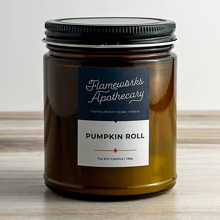 Pumpkin Roll 7 oz Amber Jar Candle for wholesale by Flameworks Apothecary