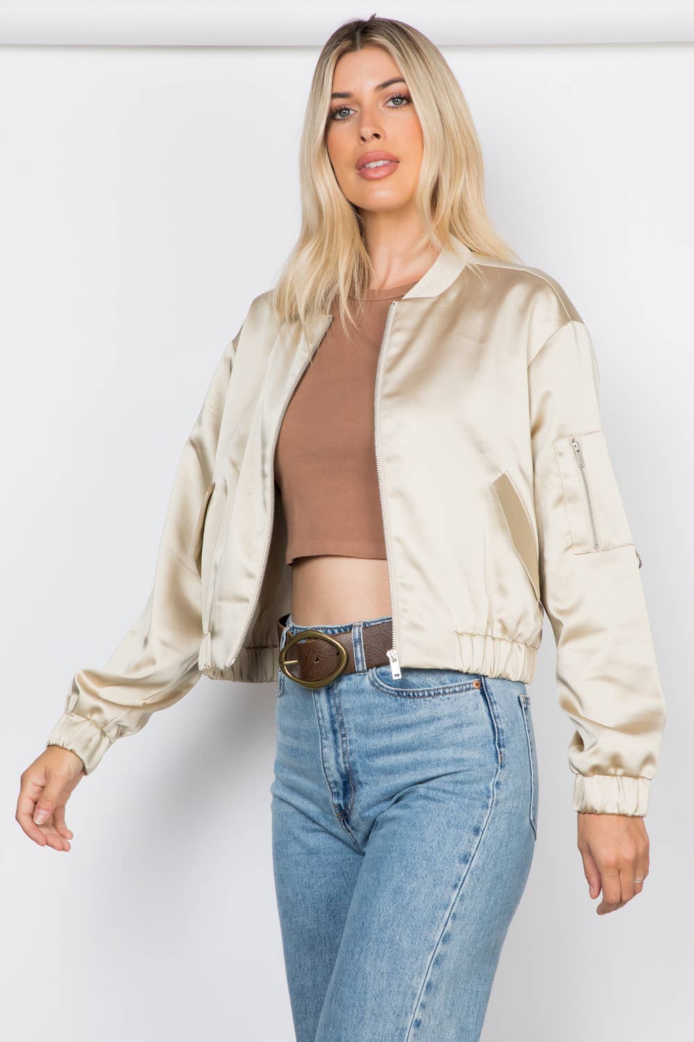 Champagne Elegance Satin Zip Up Bomber Jacket for wholesale on Faire3