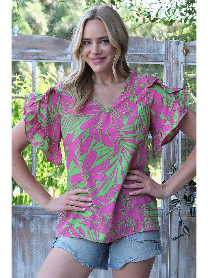 FUCHSIA GREEN ST2407-E - PRINTED WOVEN RUFFLED TULIP SLEEVE V NECK TOP for wholesale on Faire5