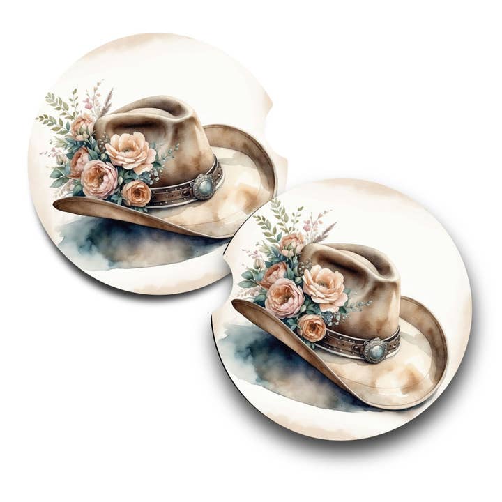 Porta-copos para Carro com Chapéu de Cowboy Floral Ocidental – Conjunto de 2 por atacado de Uniquely Designed By Rebecca