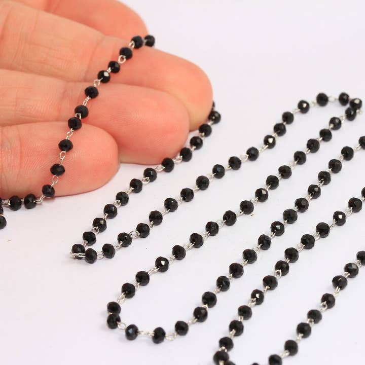 Chaîne de chapelet perlée noire plaquée rhodium de 3 mm, CHK236-2 pour la vente par QueenJewelryM