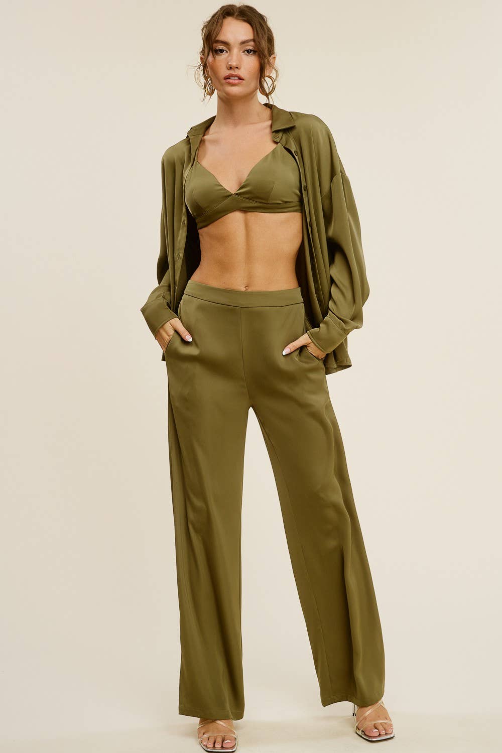 Olive Silk Effect Three Piece Matching Set for wholesale on Faire2