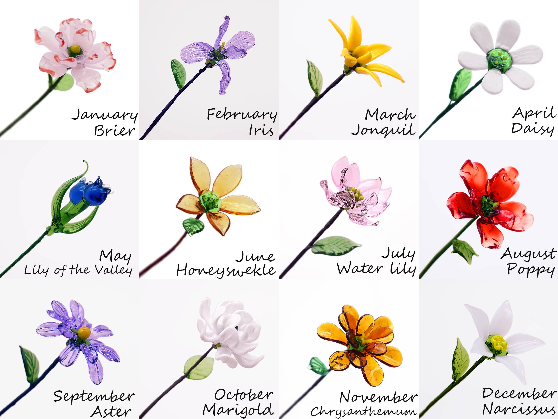 HappyJewelrySupplies – wholesale Konstgjorda blommor – Handgjord glasbukett med födelsemånadens blommor konstdekoration0