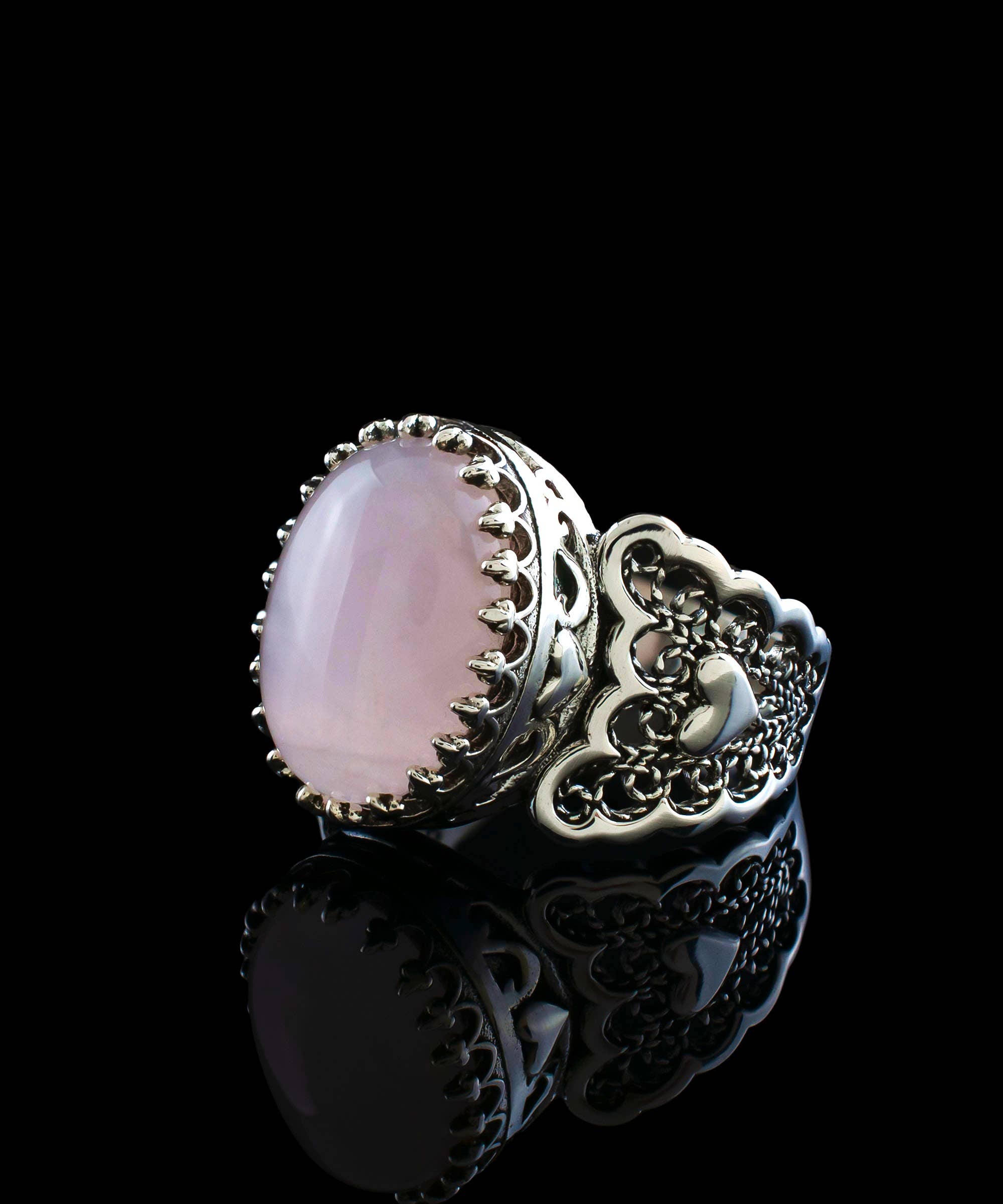 Filigranist Jewelry - Venta al por mayor Anillos grandes/de cóctel - Anillo de plata para mujer con doble corazón de cuarzo rosa.2