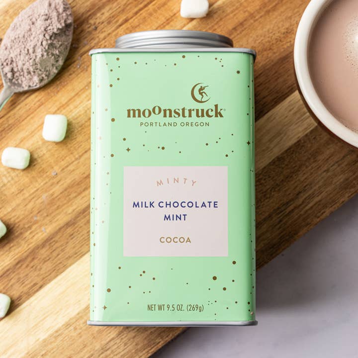 Minty: Mint Milk Chocolate Hot Cocoa Tin for wholesale by Moonstruck Chocolate Co