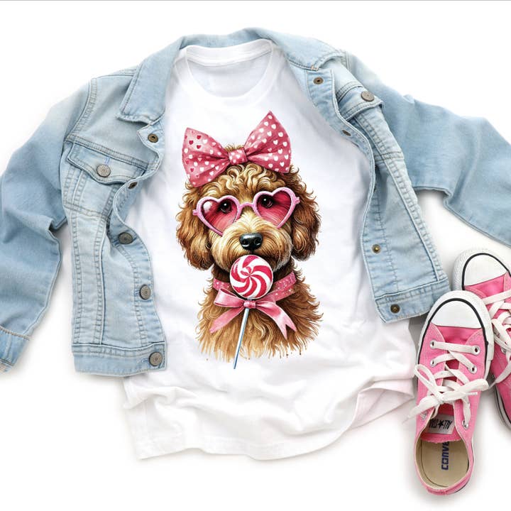 Camiseta para niñas con cachorro Goldendoodle color canela del Día de San Valentín para venta al por mayor de AvaryMaeInspirations