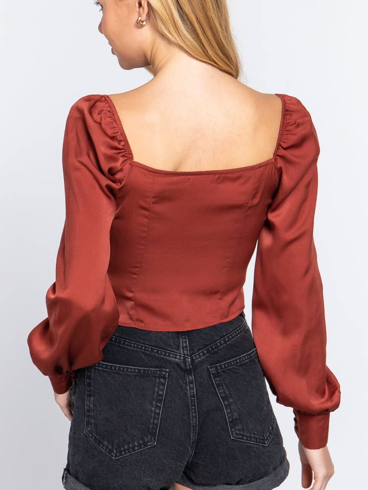 Long Sleeve Sweetheart Neck Front Ribbon Tie Detail Woven Top for wholesale by CC Wholesale Clothing