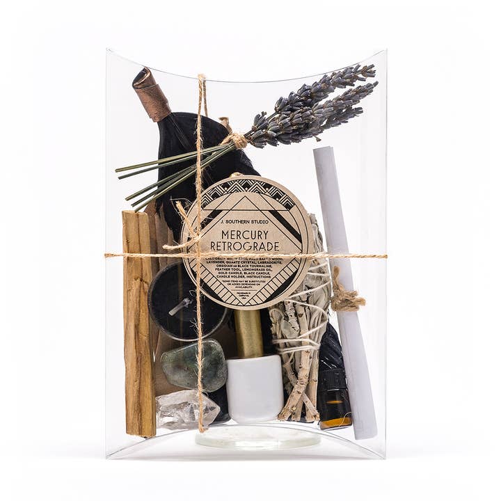 Mercury Retrograde Ritual Kit gift set with crystals, essential oil, and candle for wholesale by J. Southern Studio