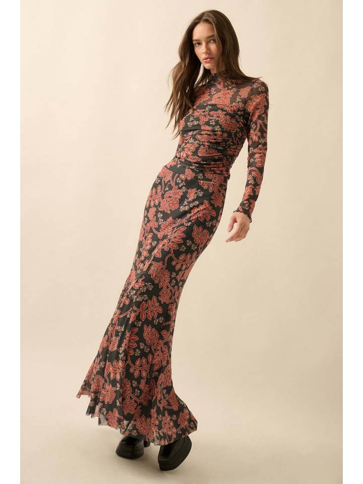 CHARCOAL Floral-Print Mesh Godet Mermaid Maxi Skirt for wholesale on Faire2