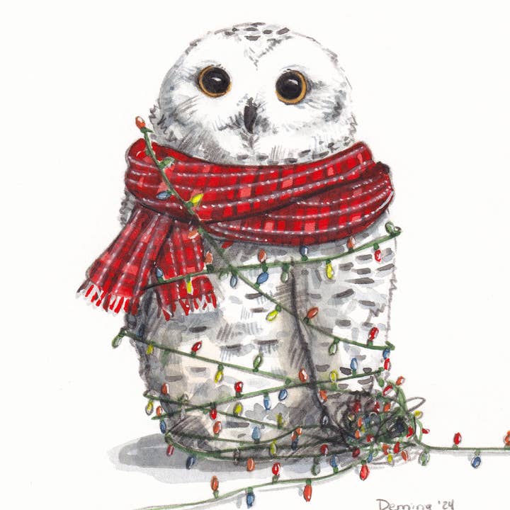 Owl with Christmas Lights for wholesale by Drew Deming Watercolors