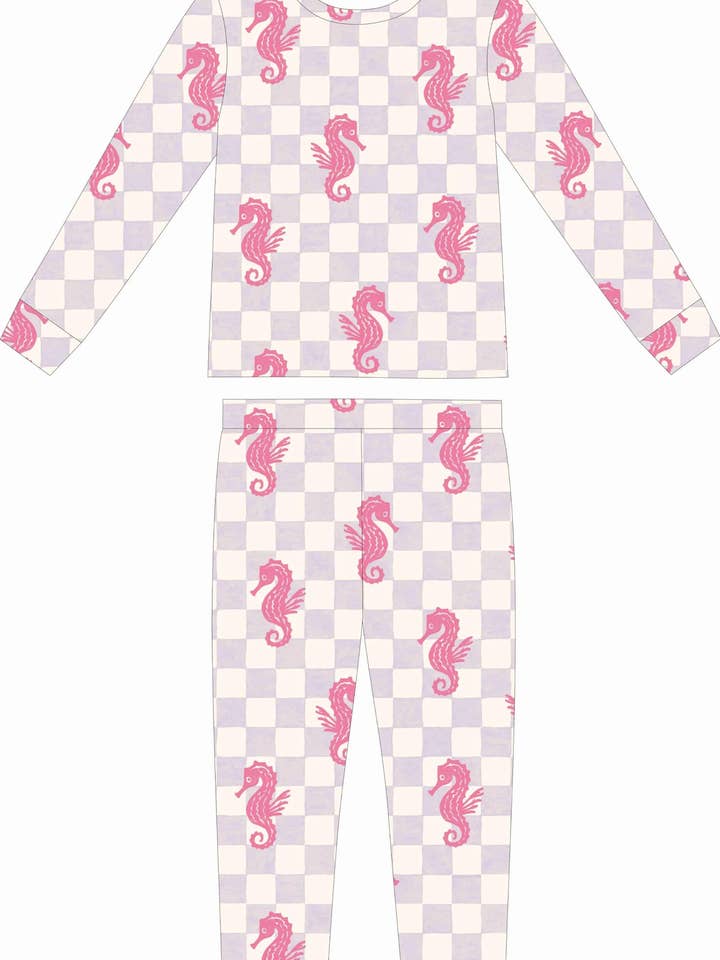 PREORDER! Seahorse Splash - Purple - Kids Two-Piece Pajamas for wholesale by Shae & Palmer