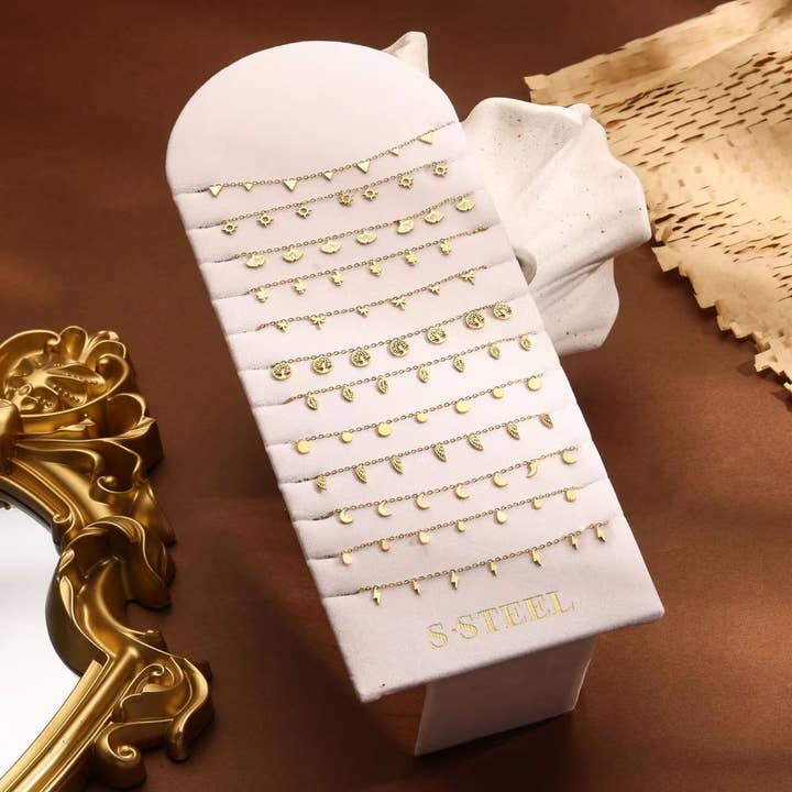 Set of 12 fine link gold anklet chains for wholesale by JOYA