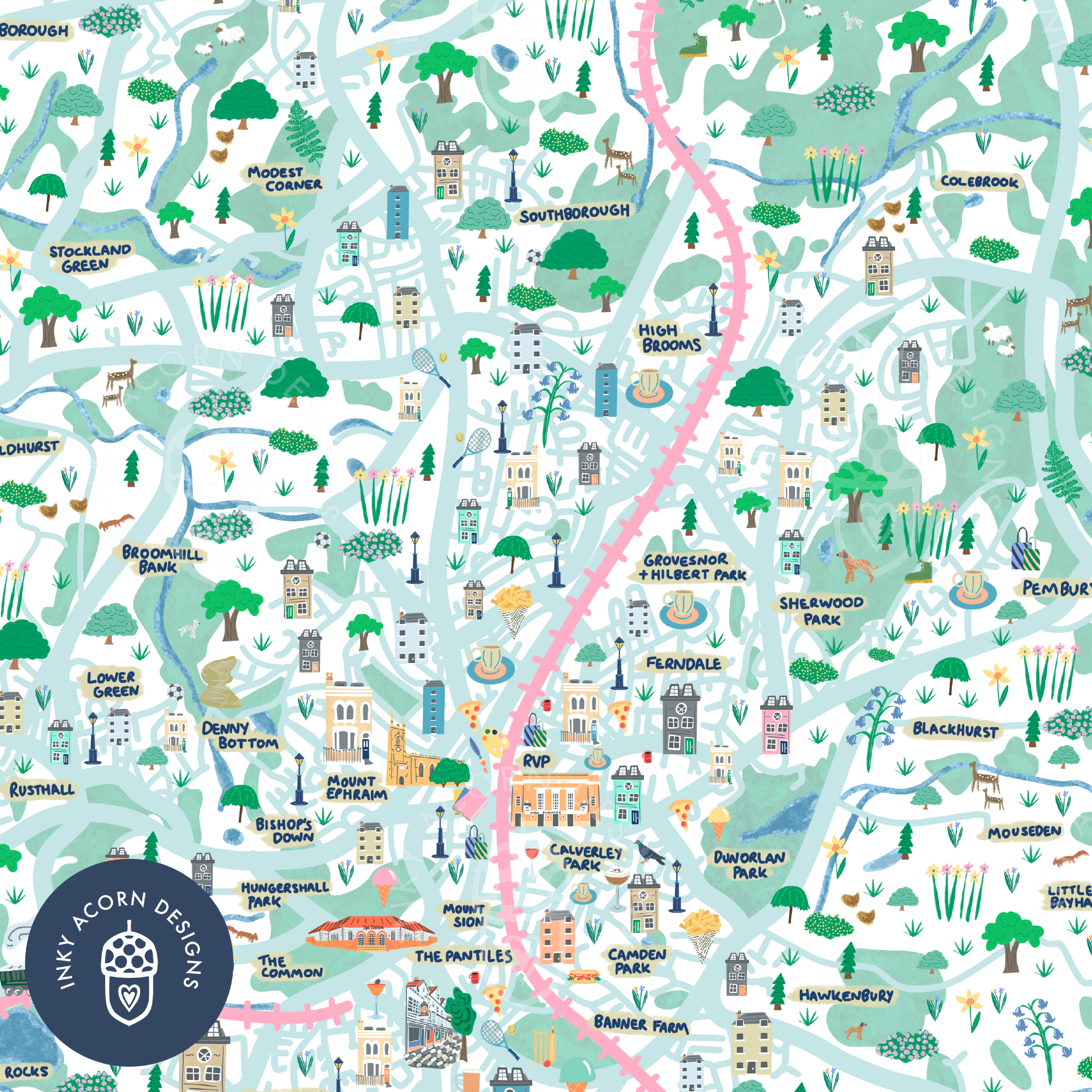 Inky Acorn Designs - Wholesale Art Print - Tunbridge Wells Illustrated Map Signed Art Print2