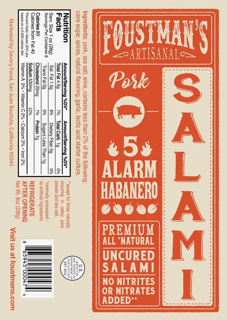 Foustman's Salami - Vente Salamis - PORC HABANERO | SALAMI NON SALÉ ENTIÈREMENT NATUREL FOUSTMAN'S - 8oz2