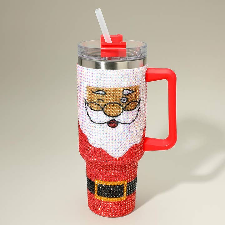 Bling Studded Santa 40oz Stainless Steel Tumbler with Handle for wholesale by Sensibling Corp.