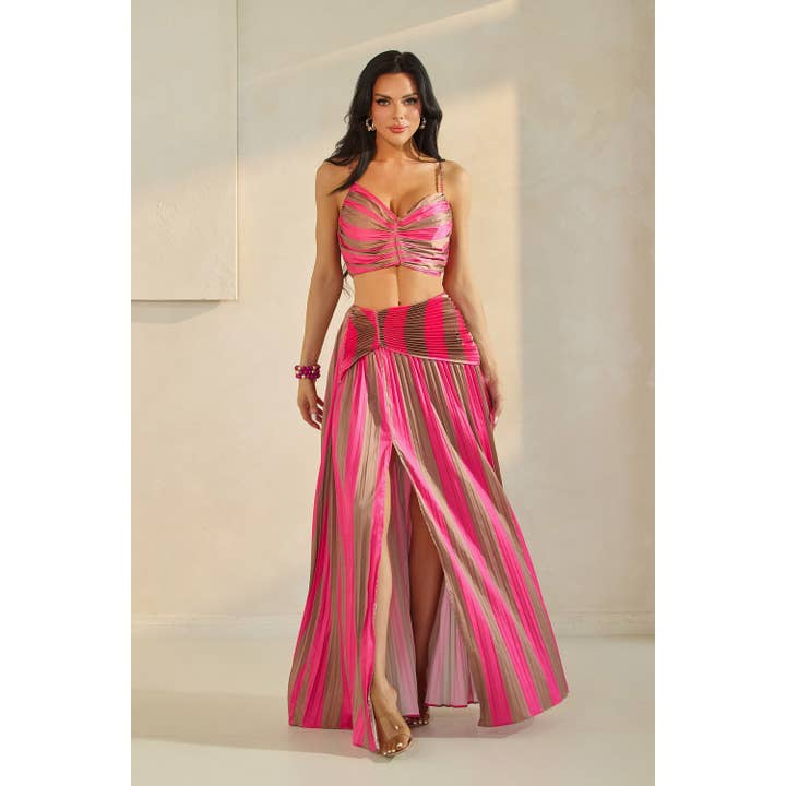 STRIPE PLEATED CROP TOP AND LONG SKIRT SET for wholesale by The Sang