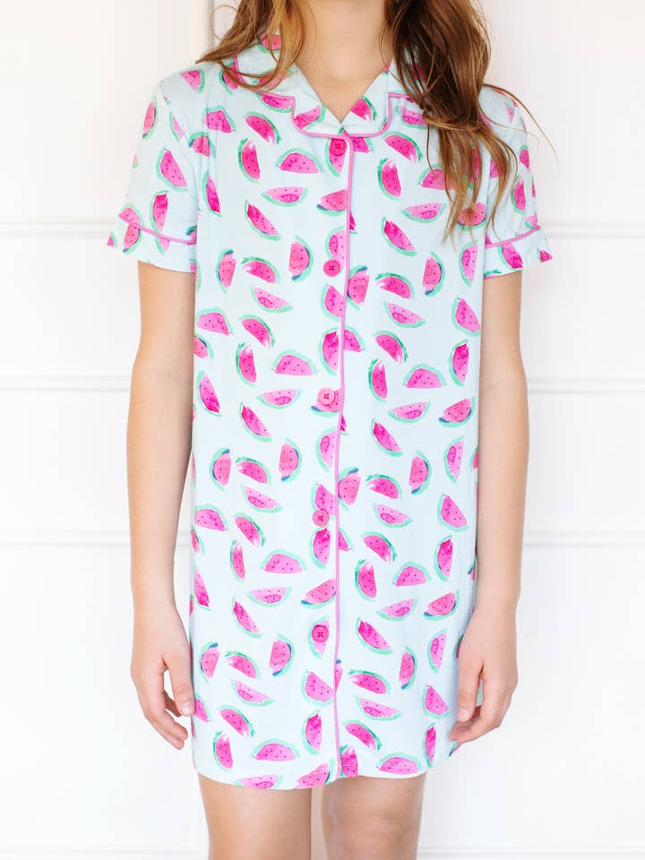 Watermelon Girls Button Down Gown for wholesale by Little Pajama Co.