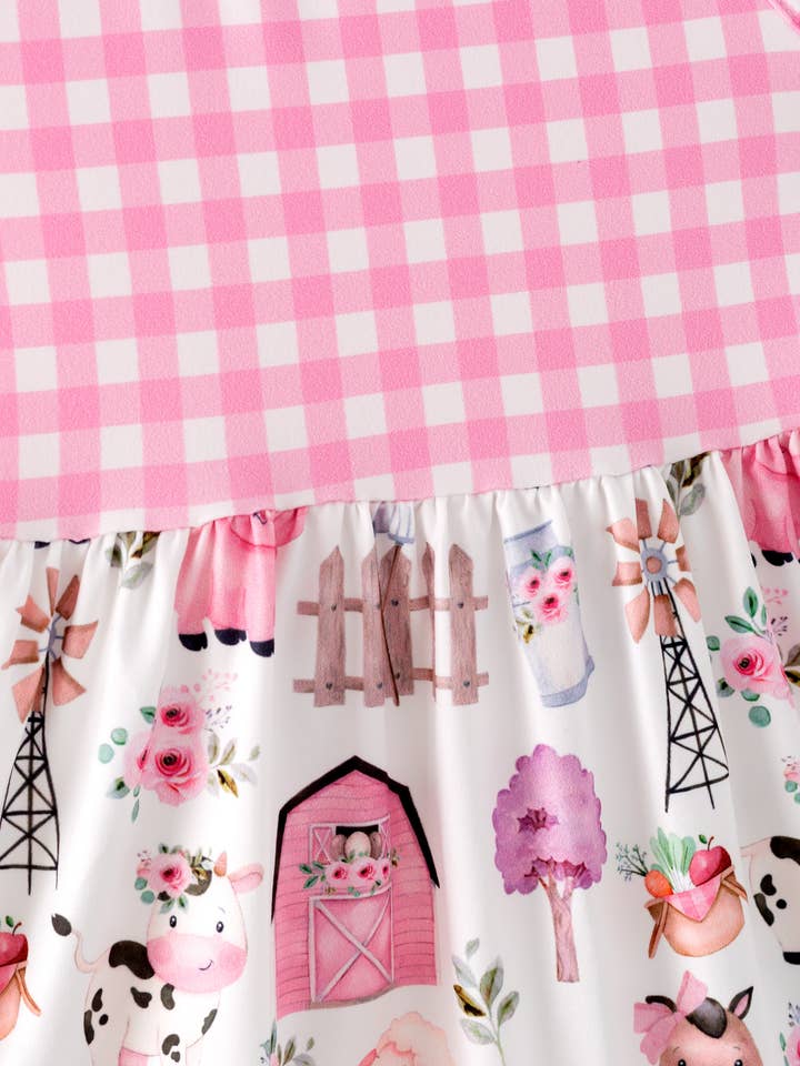 Auraquise - Wholesale Dress - Kids - Girls Summer Pink Plaid Farm Print Dress