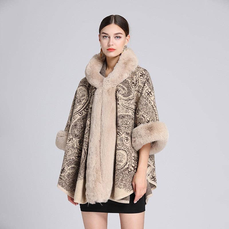 FurDecoration - Wholesale Poncho - Women's - Jacquard Hooded Shawl Poncho With Faux Otter Hair Collar3