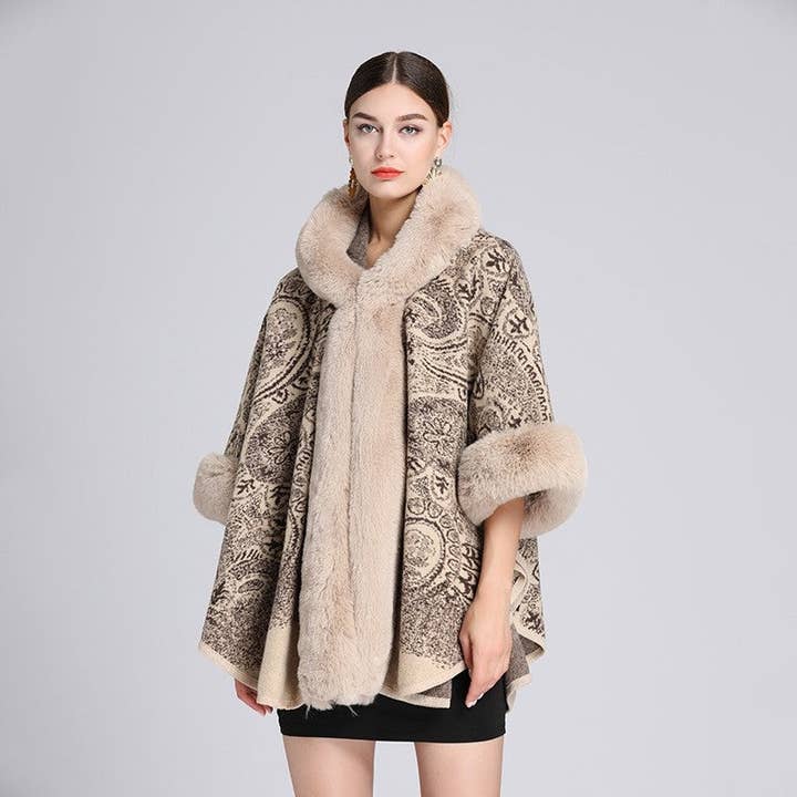 FurDecoration - Wholesale Poncho - Women's - Jacquard Hooded Shawl Poncho With Faux Otter Hair Collar3