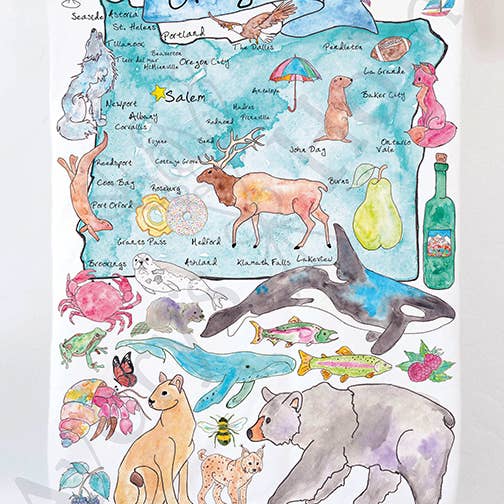 Oregon State Map Souvenir Ocean Mountain Tea Towel for wholesale by Avery's Home