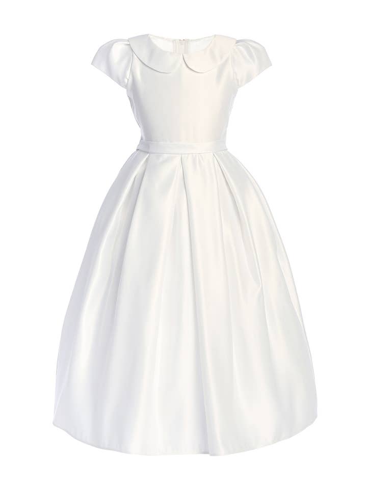 SK1016 - Mädchen weißes Satinkleid mit Kragen & Faltenrock für den Großhandel von Sweet Kids, Inc.