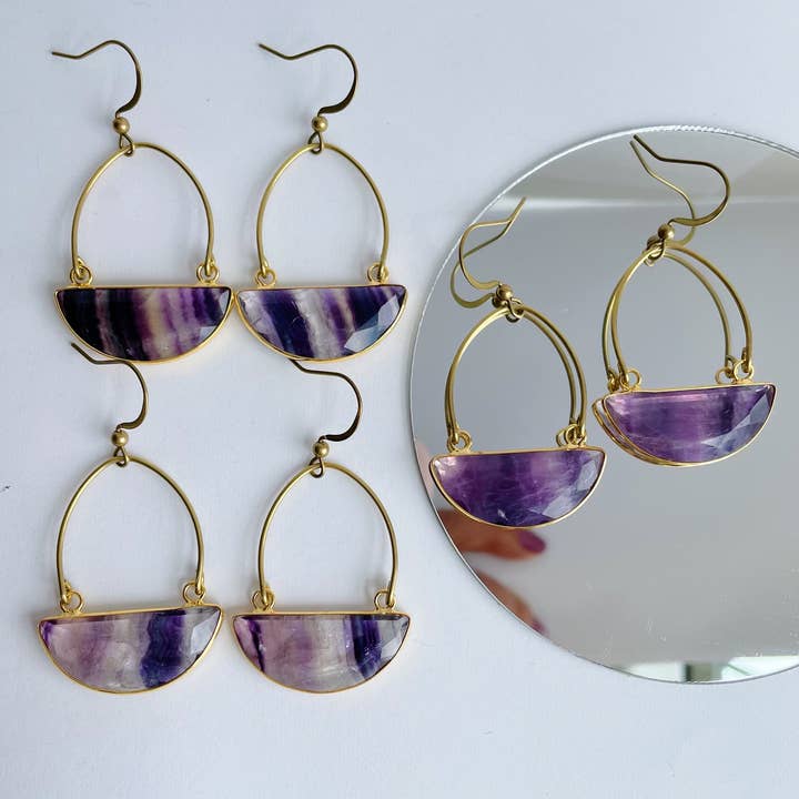 Clarion Earrings - Gold Plated Fluorite & Brass for wholesale by GeoMetricGem