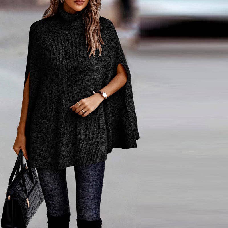 Love, Kuza – Poncho - Mulher por atacado – Poncho capa oversized com gola alta tricotada0