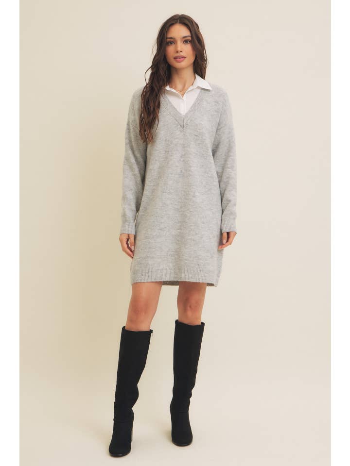 in february - Wholesale Dress - Women's - MIXED MEDIA SOFT SWEATER SHIRT MINI DRESS