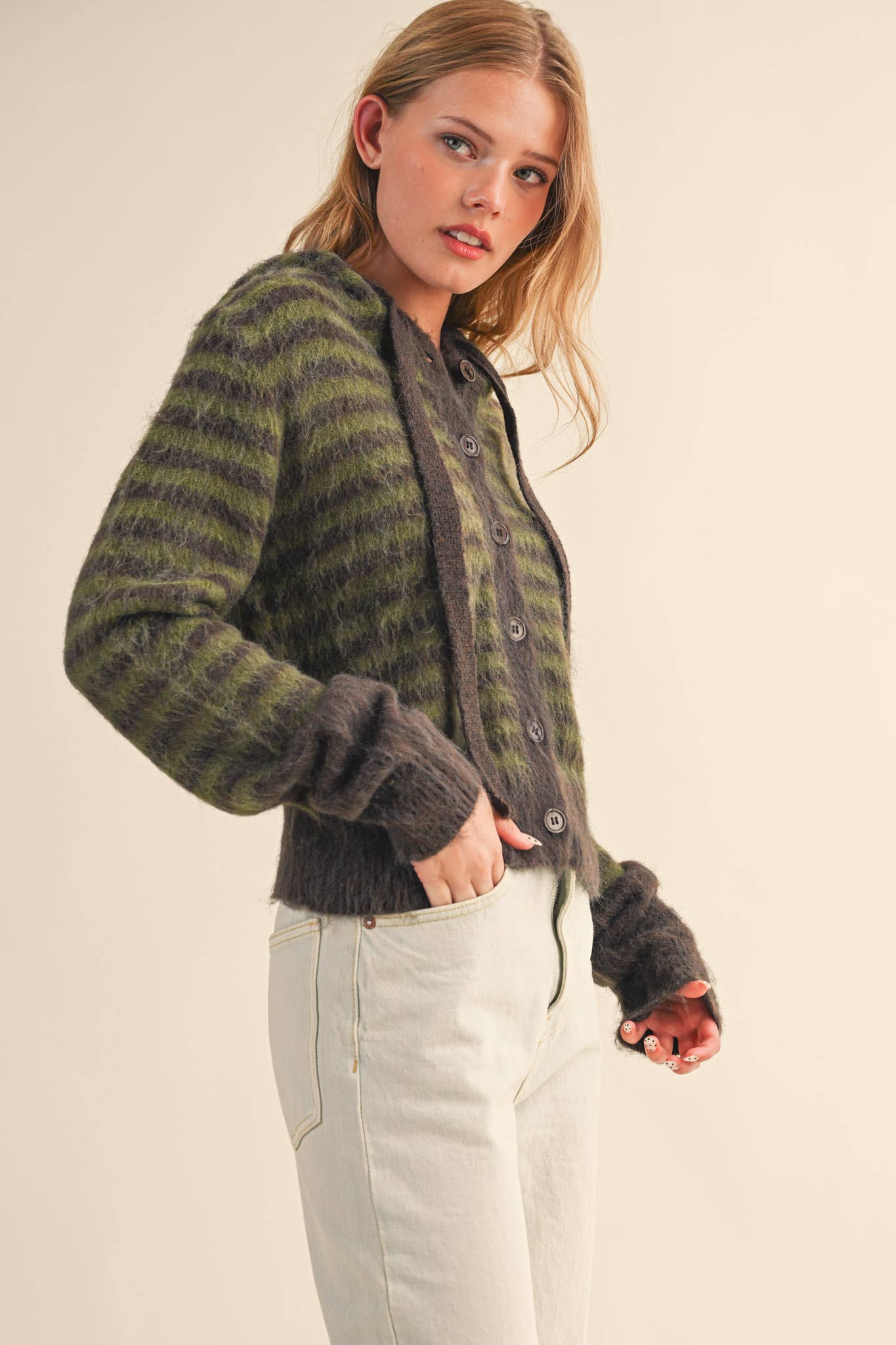 &MERCI - Wholesale Cardigan - Women's - STRIPED HOODIE SWEATER CARDIGAN MSW1106375