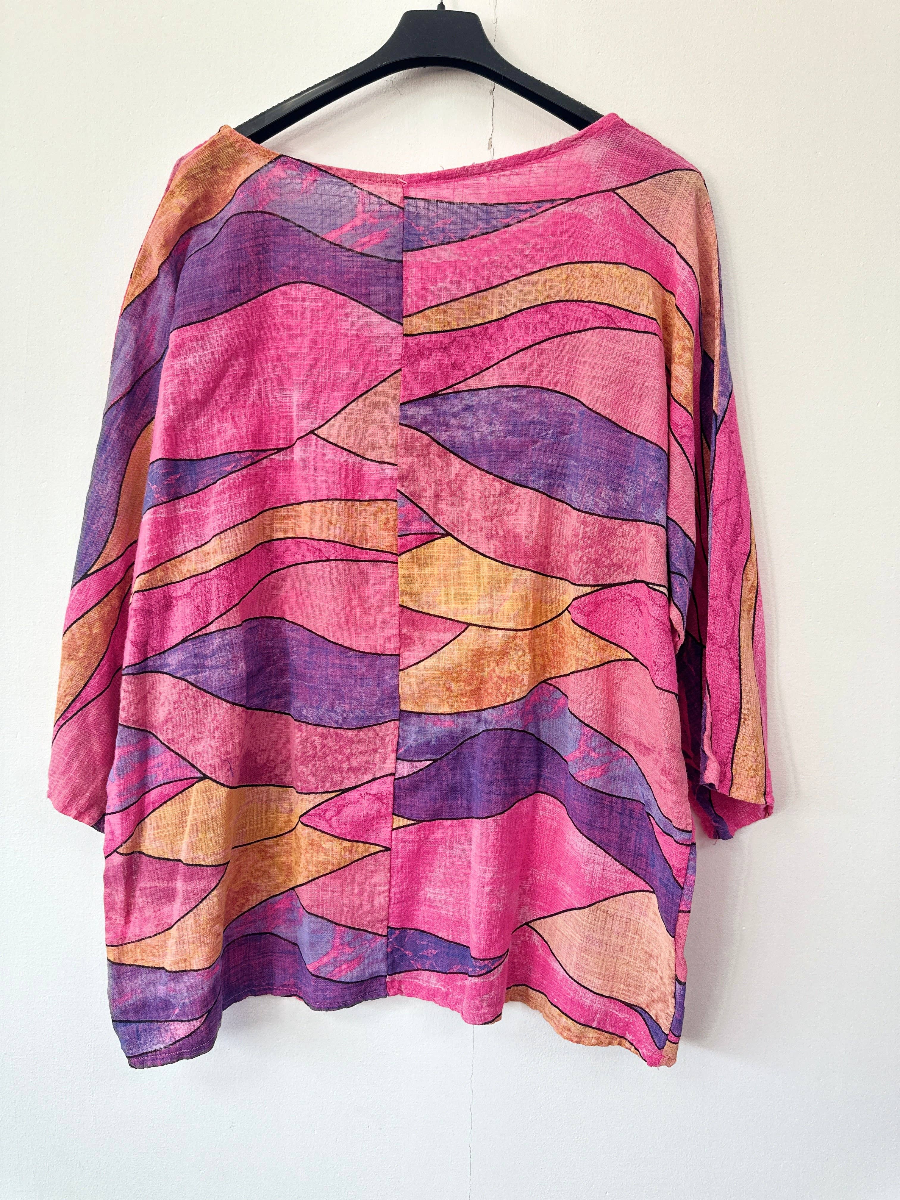 Miss Bold - Wholesale Blouse - Women's - Italian Abstract Print Oversized Linen Blend Top with 3by4 Sleeves2