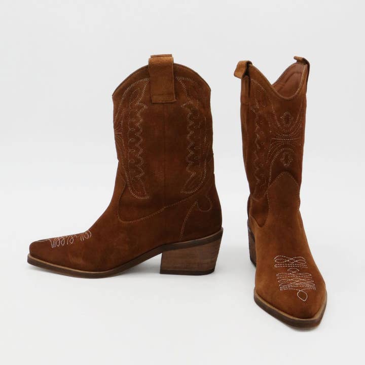 Unstoppable western cowboy boots tan suede womens shoes for wholesale on Faire