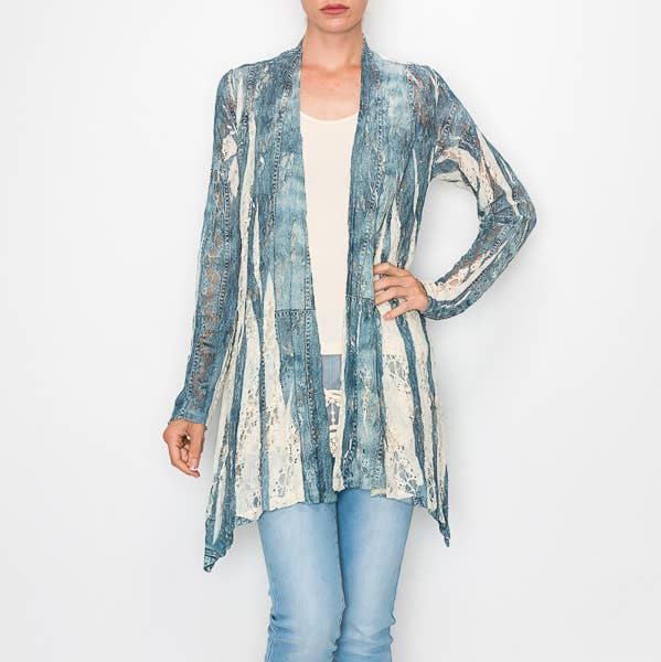 Feminine Stretchy Snug Long Sleeve Lace Cardigan - 493BG/DENIM for wholesale by Origami Apparel ~ Lace and Crochet inspired