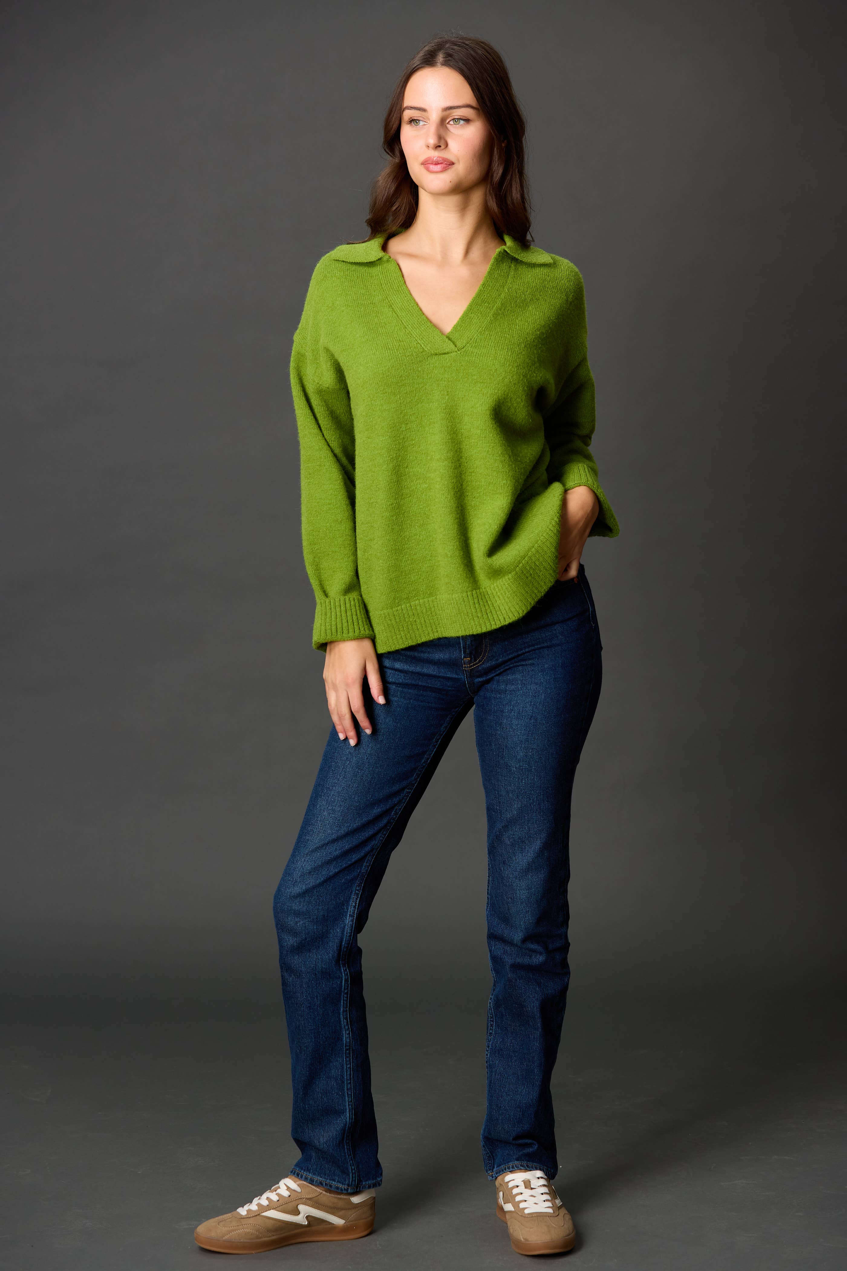 Dark Raspberry Knit Collared V Neck Ribbed Border Sweater Top	 for wholesale on Faire8