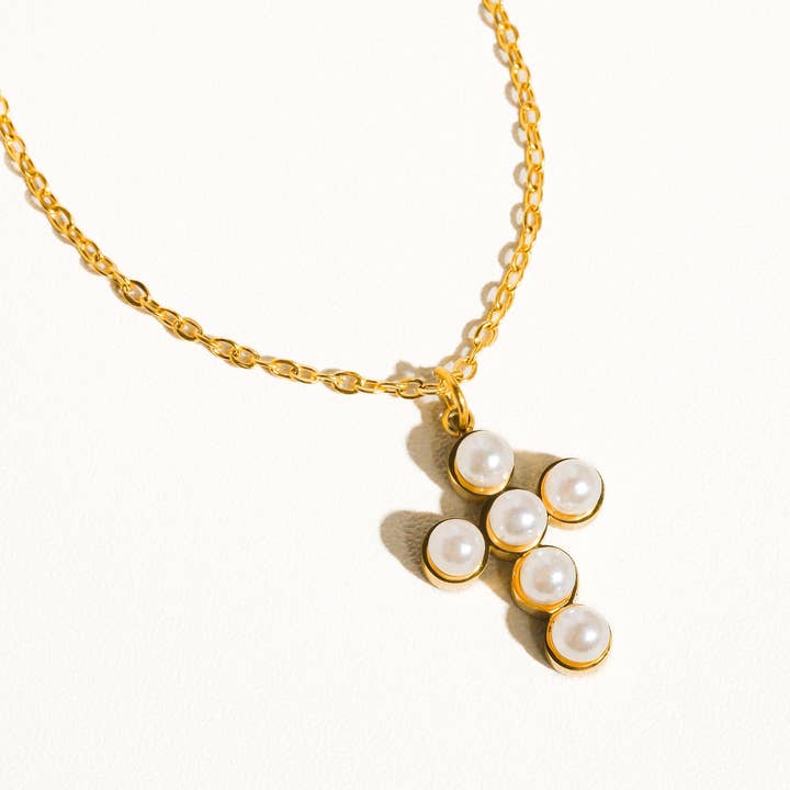 Yellow Gold Faith Non-Tarnish Dainty Pearl Cross Necklace for wholesale on Faire