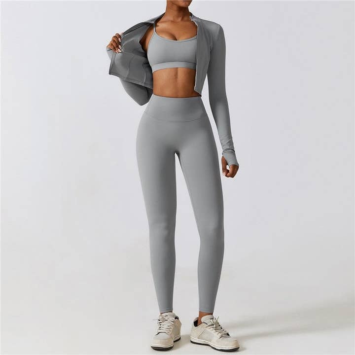 FurDecoration - Wholesale Activewear Set - Women's - Solid Color Sports Bra, Cropped Outerwear, and Leggings Three-Piece Set