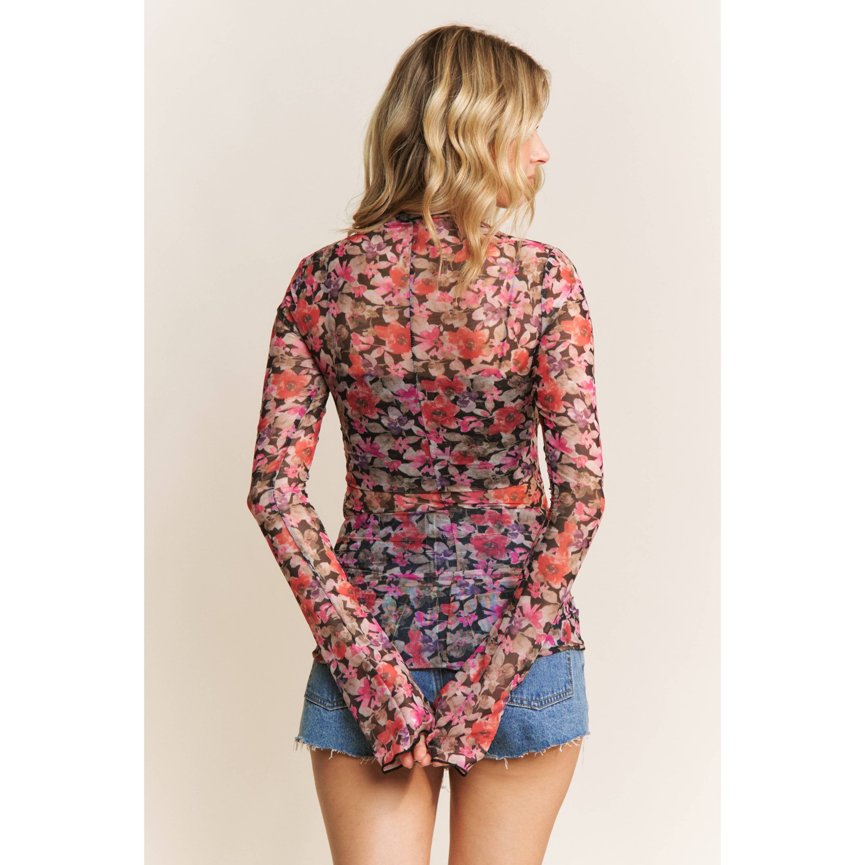 Sweet Generis - Wholesale Knit Top - Women's - CUTE FLORAL PRINT MESH HIGH NECK DESIGN LONG SLEEVE FITTED T20