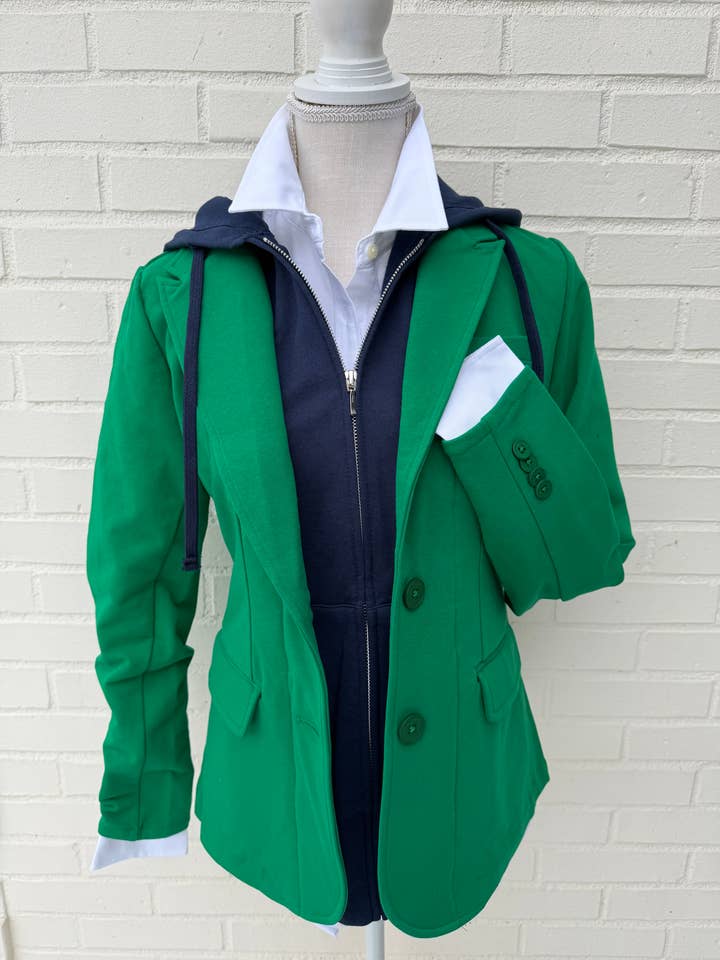 Tracey Hooded Blazer - Green w Navy Hood for wholesale by Pearly Vine