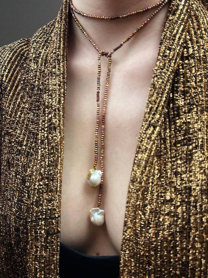 Collar Lariat de Perla Barroca en Cobre/Oro Rosa para venta al por mayor de Black Lamb Design