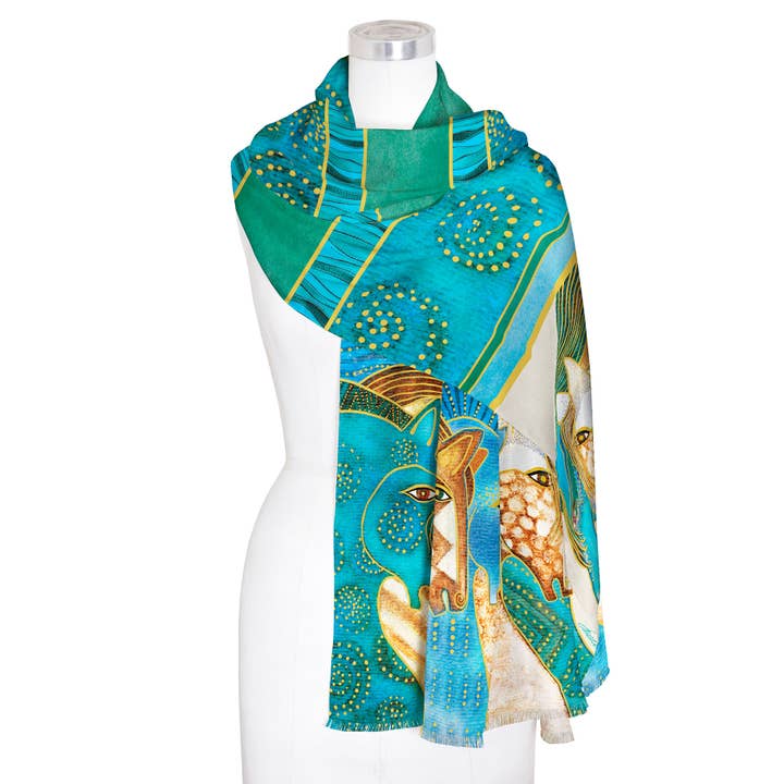 RainCaper - Wholesale Scarf - Women's - Fine Art Silk Blend Shawl Laurel Burch Sky Mares Horses