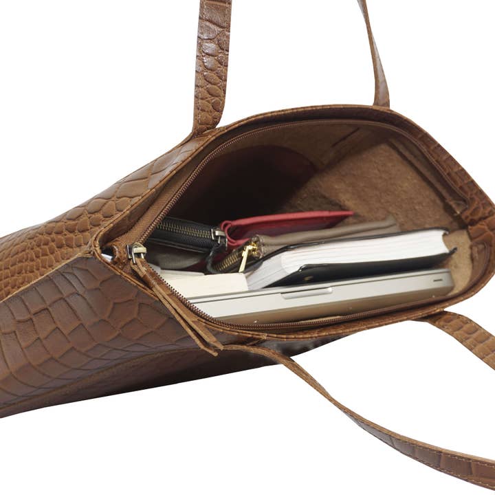 Assots London - Wholesale Tote Bag - Women's - 'AGNES' Tan Vintage Croc Real Leather Designer Tote Bag9