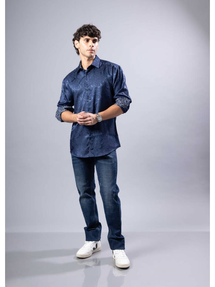 252214 - Navy Elevated Jacquard Button-Up Shirt Long Sleeve for wholesale on Faire1