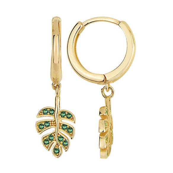 Créoles avec breloque feuille de monstera émeraude petite. pour la vente par Sestra Jewelry