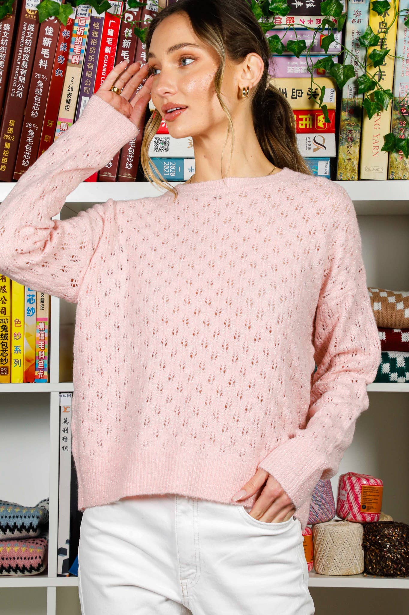 Vine & Love - Vente Pull en maille – femme - Pull en crochet tricoté en fil pailleté texturé VT8200713