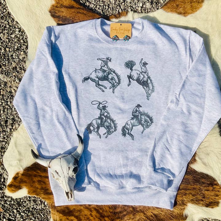 Rodeo Bronc Cowboys Graphic Western Sweatshirt for wholesale by Ranchy Roan Boutique