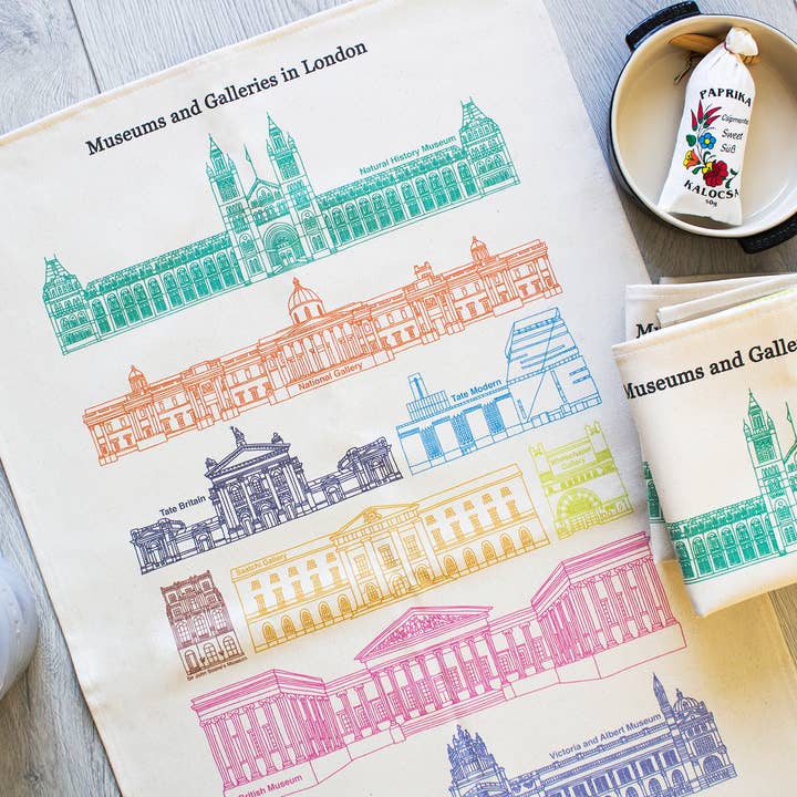 Brand New Organic Cotton Museum Themed Tea Towel for wholesale by Kelci London