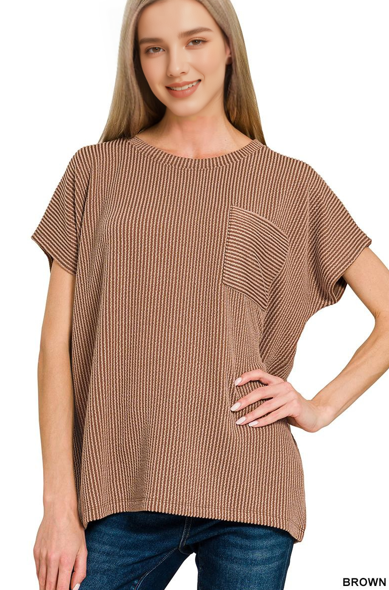 42POPS - Wholesale Knit Top - Women's - ....0902 Raised Rib Front Pocket Boxy Top SI-287130